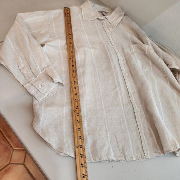 H&M Cream White Stripe Button Down Blouse Size XL 100% Linen Preppy Coastal - Picture 11 of 12